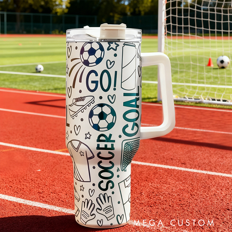Personalized Soccer Travel Mug with Fun Doodle Design Perfect for Fans on the Go