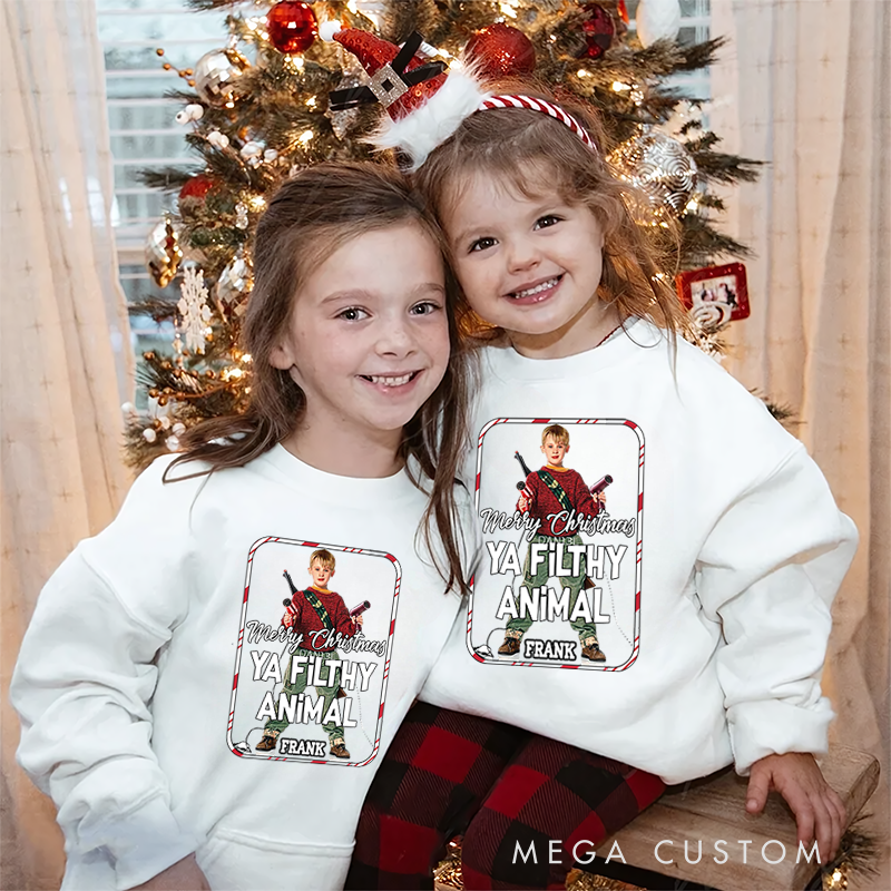 Personalized Kids Sweatshirt and Holiday Pullover Hoodies with Iconic Movie Design Featuring Festive Phrase and Photo for a Playful Christmas Vibe