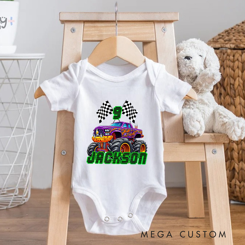 Personalized Big Wheel Off-Road Truck Multicolor Baby Bodysuit with Age and Name Birthday Christmas Gift for Baby