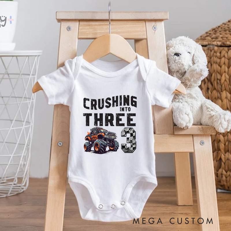 Personalized Crushing into Three Monster Truck Birthday Baby Bodysuit Monster Truck Party Birthday Boy Bodysuit Racing Bodysuit Truck Yeah Shirt 