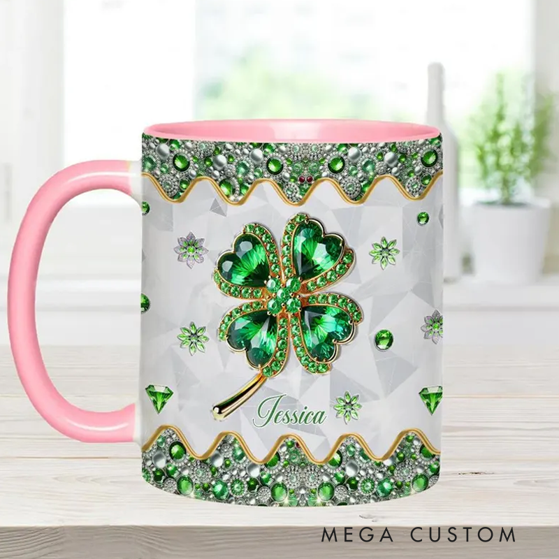 Personalized Lucky Four Leaf Clover Personalized Saint Patrick's Day Accent Mug Shamrock Mug Shamrock Gifts Four Leaf Clover Coffee Cup Custom Gifts
