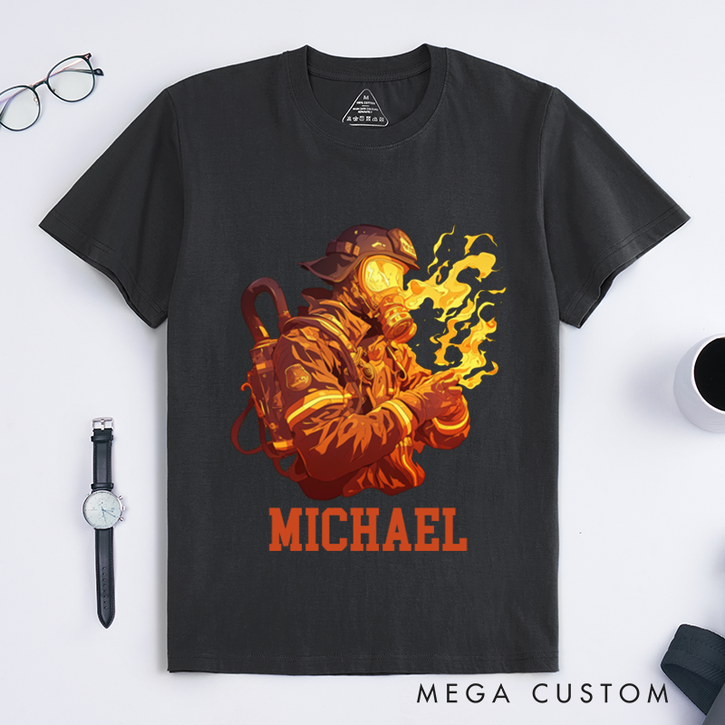 Personalized Firefighter T-Shirts Custom Firefighter Flames Graphic Design T-Shirt Firefighter Dad Gift