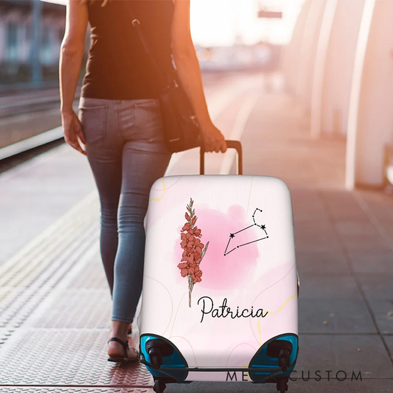 Personalized A Girl Who Really Loved Traveling Birth Flower Constellation Luggage Cover Fits 18-32 Inches Suitcase Birthday Gift for Her