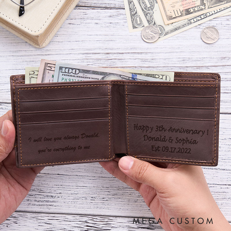Personalized Engraved Leather Wallet Custom Men's Crazy Horse Wallet Anniversary/Birthday Gift for Him Husband Boyfriend Gift 