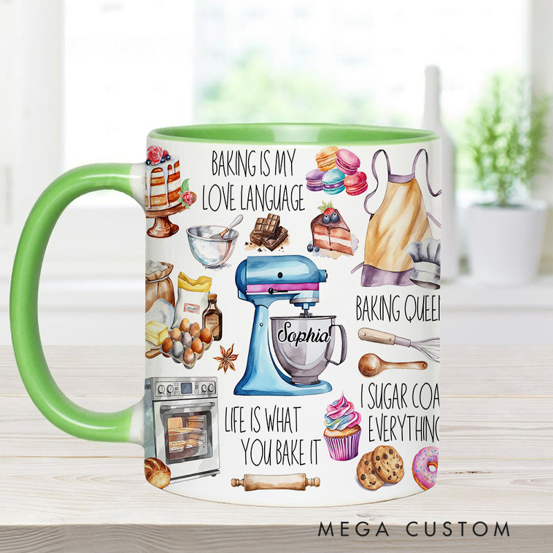 Personalized Baking Is My Love Language Mug 11oz Ceramic Baking Accent Mug with Name Coffee Cup for Baker Mom Sister Daughter Baking Lover Gift