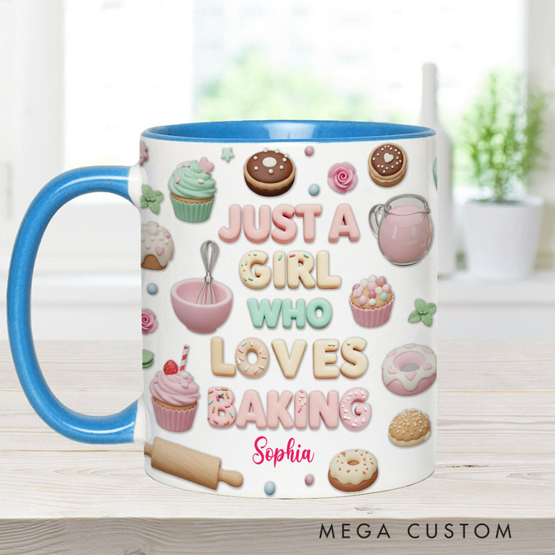 Personalized Just A Girl Who Loves Baking Mug 11oz Ceramic Baking Accent Mug with Name Coffee Cup for Baker Mom Sister Daughter Baking Lover Gift