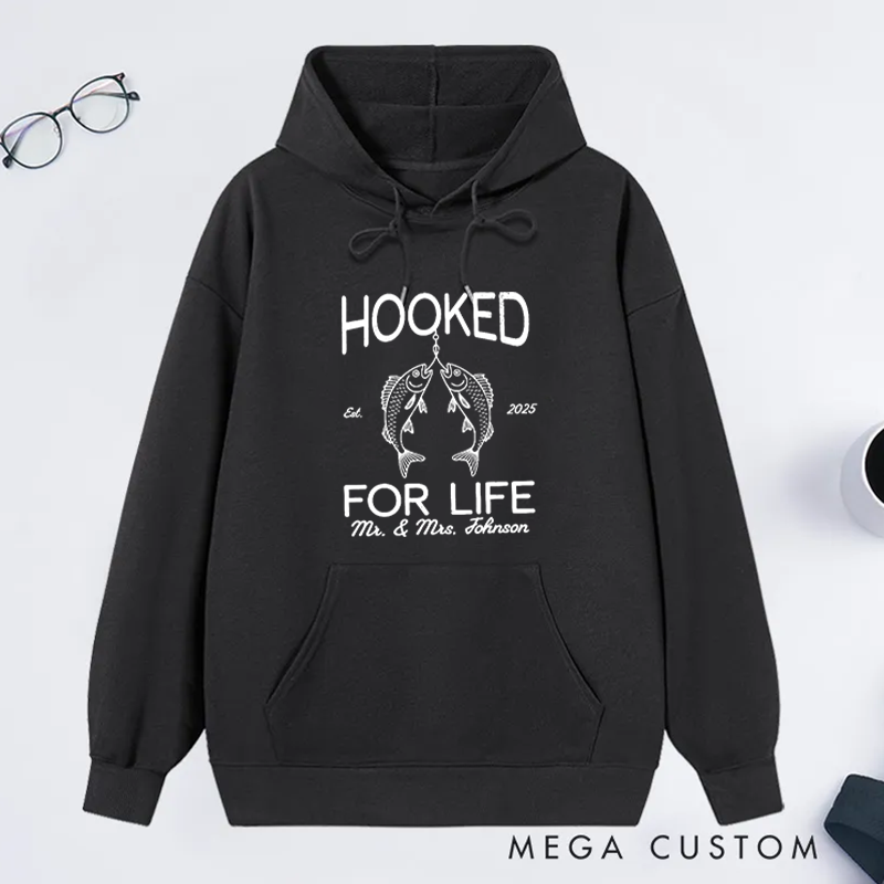 Personalized Fishing Hoodie Hooked for Life Sweatshirt Custom Names and Time Cozy Sweatshirt for Couples and Fishing Lovers