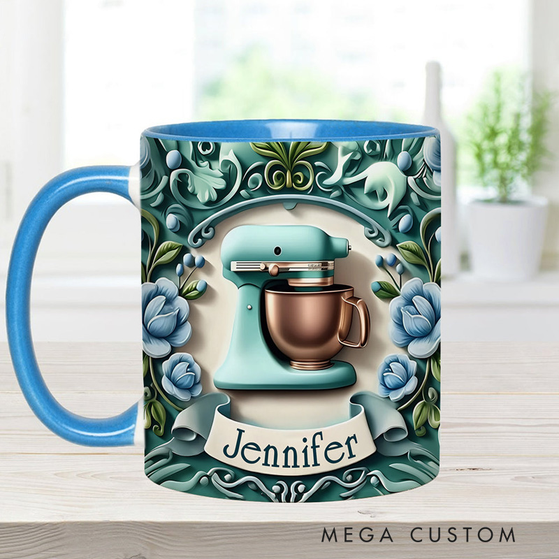 Personalized Baking Mixer Mug 11oz Ceramic Baking Accent Mug with Name Floral Coffee Cup for Baker Mom Sister Daughter Baking Lover Gift