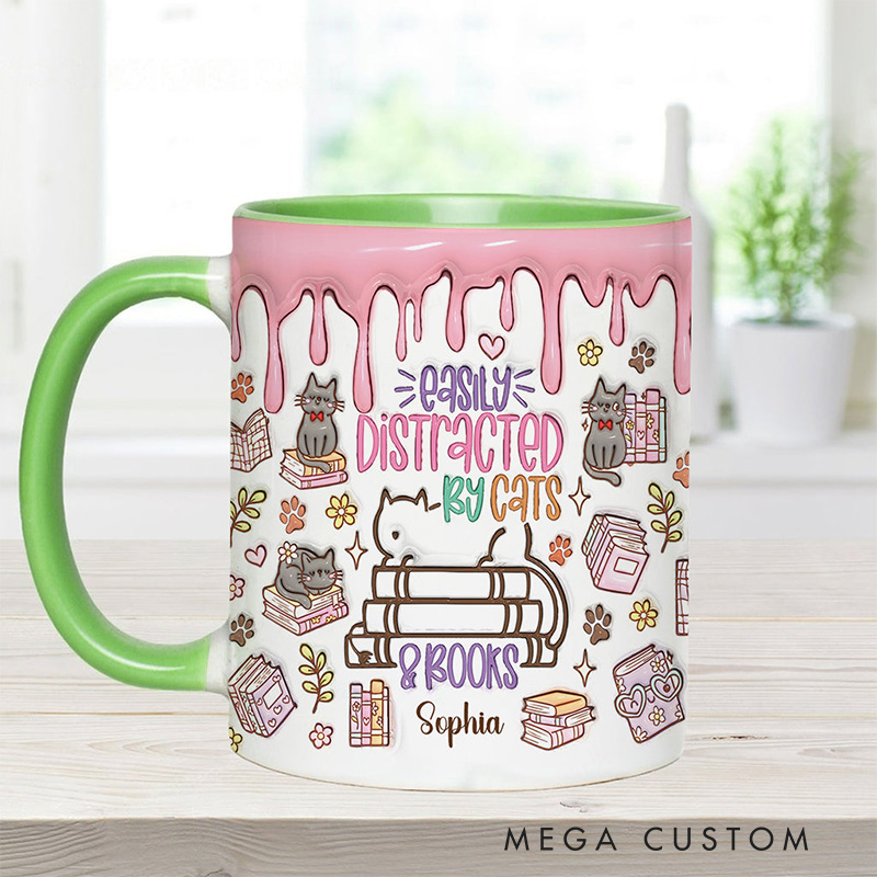 Personalized Easily Distracted By Cats and Books Mugs Custom Book Accent Mug with Name Fall Bookworm Coffee Mug for Reader Book Lover Librarian Gift