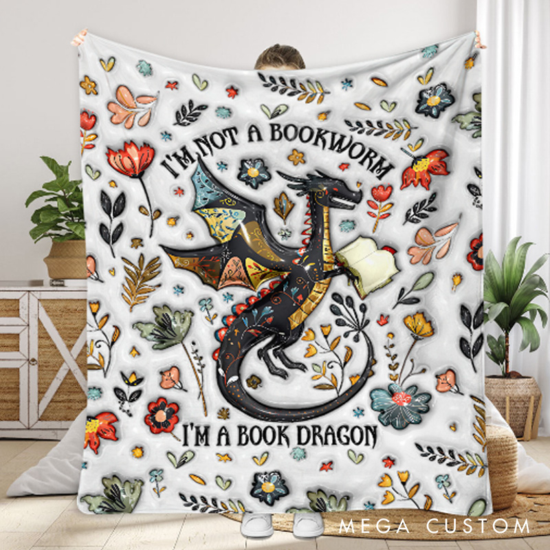 Personalized I'm Not A Book Worm I'm A Book Dragon Throw Blanket Custom Book Blanket for Fantasy Book Lover Bookish Blanket with Name for Bookworm Librarian Gift