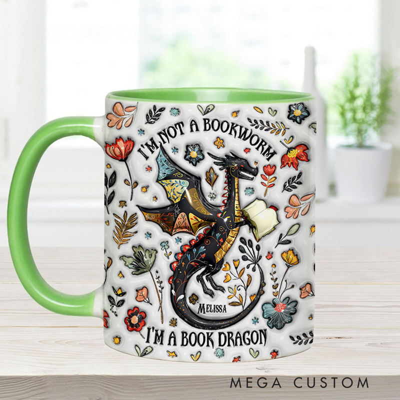 Personalized I'm Not a Book Worm I'm a Book Dragon Mugs Custom Book Accent Mug with Name Bookworm Coffee Cup for Reader Bookworm Book Lover Librarian Gift