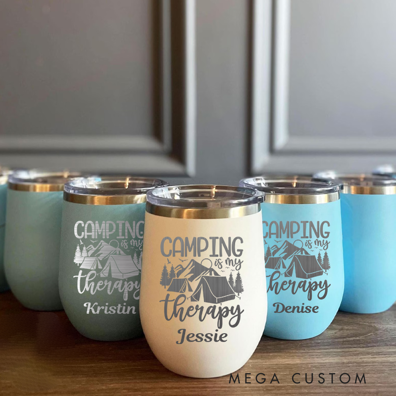 Personalized Camping Is My Therapy Tumbler Outdoor Camping Wine Tumbler Hiking & Camping Lover Mug