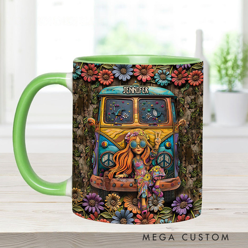 Personalized Hippie Accent Mug Hippie Lover Gifts for Girls Travel Cup Colorful Hippie Car Hippie Coffee Mug Bohemian Coffee Mug Peace Love Cup