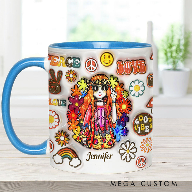 Personalized Name Hippie Accent Mug Hippie Girl Hippie Soul Peace Love Mug for Music Lover Gift