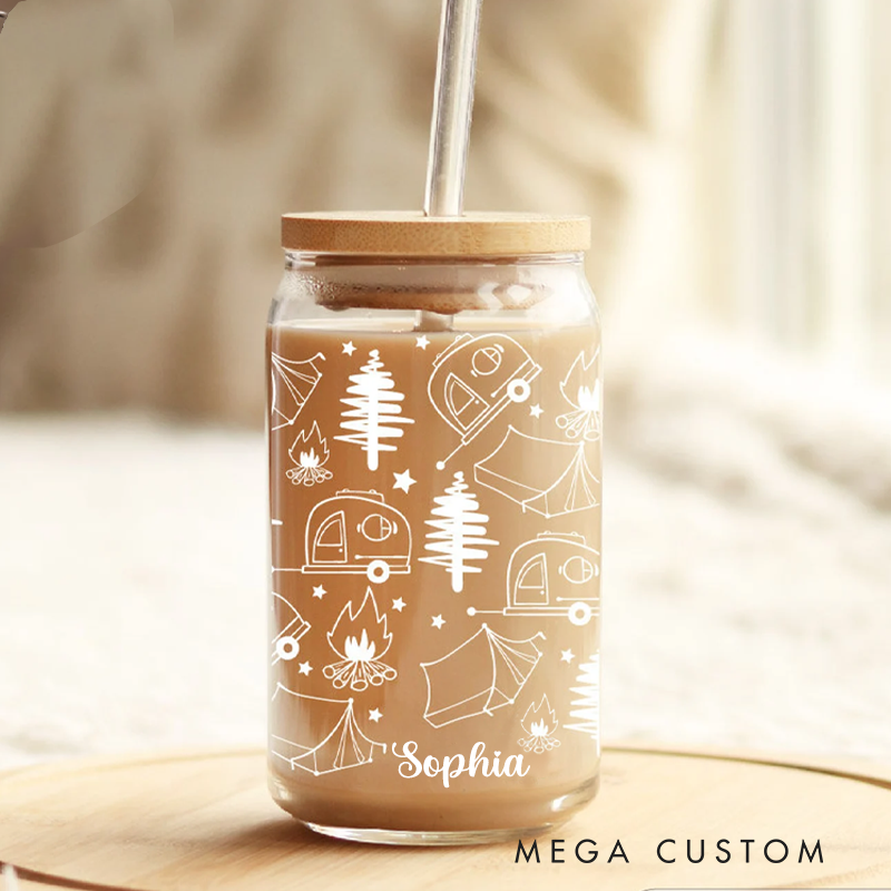 Personalized Camping Glass Tumbler Outdoor Campfire Cup with Lid & Straw Gift for Outdoor Campig Lover