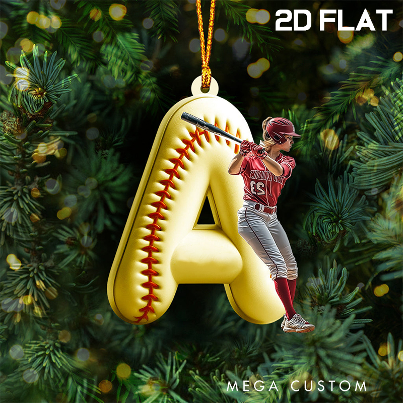Personalized Softball Acrylic Christmas Ornament with Custom Initial and Name Design 