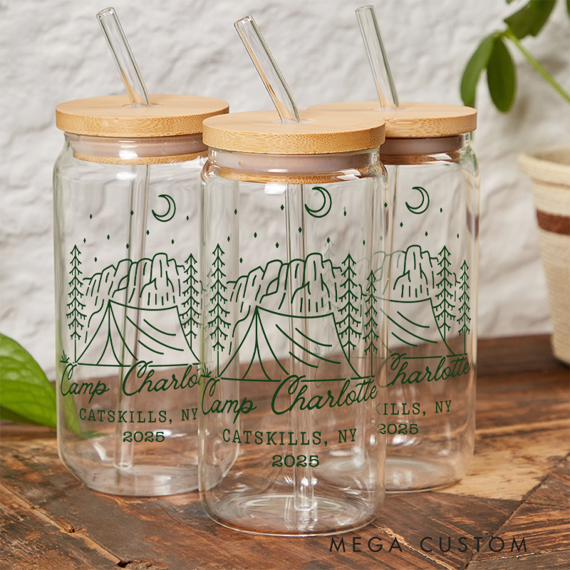 Personalized Camp Bachelorette Glass Tumblers Custom Camping Bachelorette Party Cup Outdoor Camping Coffee Cup Gift for Campig Lover