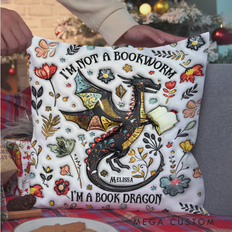 Personalized I'm Not a Book Worm I'm a Book Dragon Throw Pillow with Name Library Pillow Cover with Book Names for Fantasy Book Lovers Readers Bookworm Gift