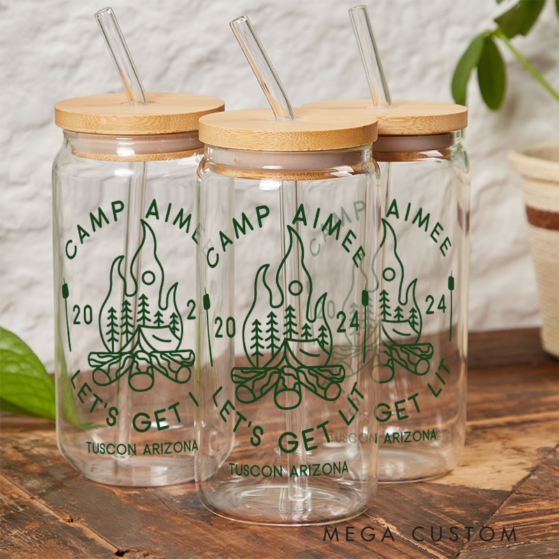 Personalized Camp Bachelorette Tumblers Outdoor Campfire Glass Tumbler Custom Camping Party Coffee Cup Gift for Campig Lover