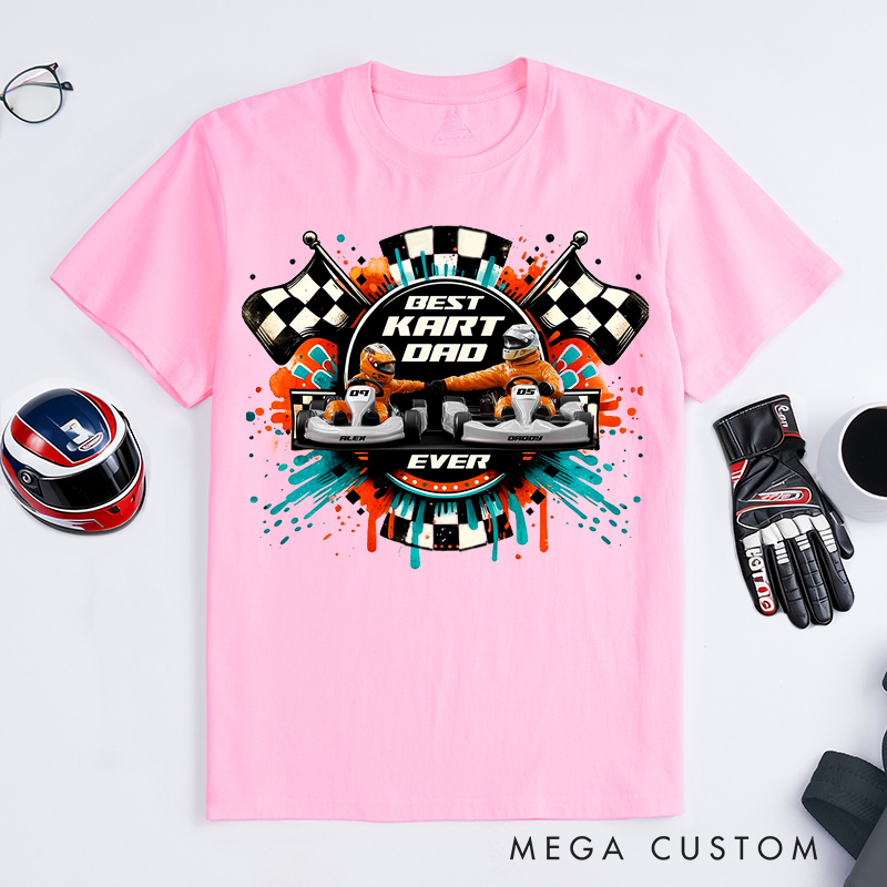 Personalized Kart Racing Dad and Kid T-Shirt Custom Names and Numbers Gift for Racing Families and Kart Lovers