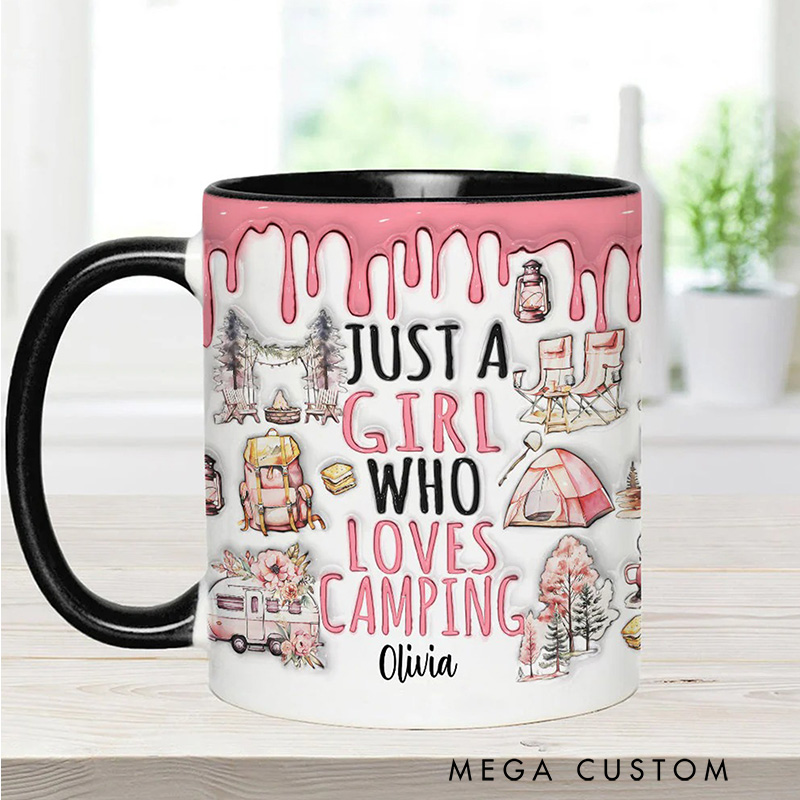 Personalized Just a Girl Who Loves Camping Mug Outdoors Adventure Mountains Camper Hiking Cup Gift for Kid Outdoors Lovers