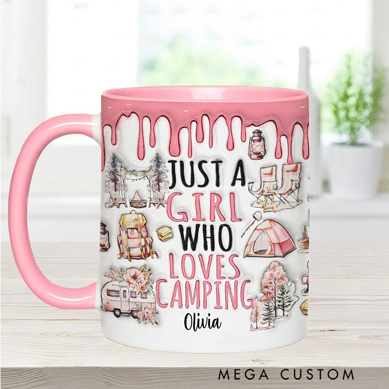 Personalized Just a Girl Who Loves Camping Mug Outdoors Adventure Mountains Camper Hiking Cup Gift for Kid Outdoors Lovers