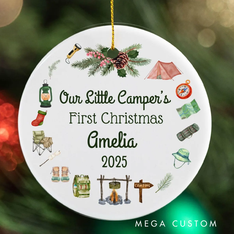 Personalized First Christmas Ornament 2025 Custom Camping Theme Forest Christmas Ornament Holiday Gift