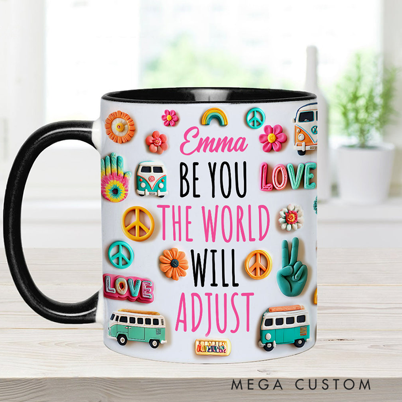 Personalized Name Hippie Accent Mug Be You the World Adjust Gift Hippie Lover Gifts Colorful Hippie Coffee Mug Bohemian Coffee Mug