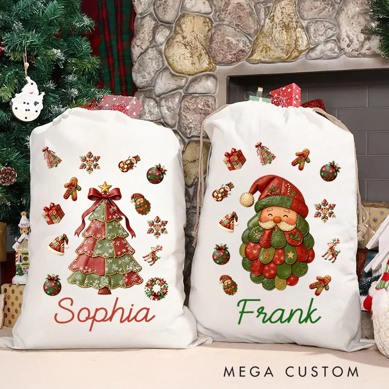 Personalized Christmas Tree Santa Claus Canvas Drawstring Gift Bag with Name Christmas Gift for Family Kids