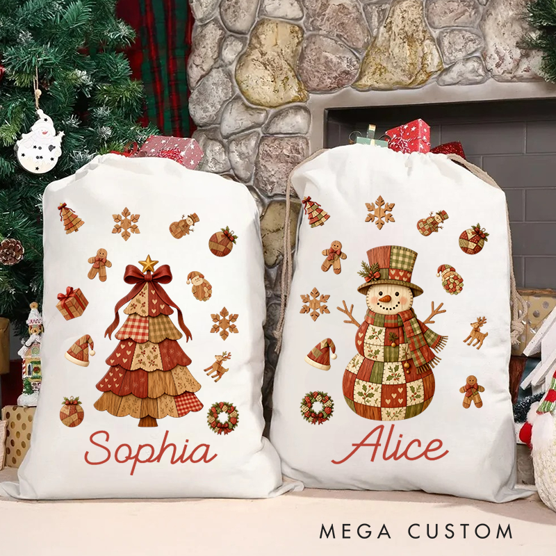 Personalized Wood Element Christmas Tree Santa Claus Canvas Drawstring Gift Bag with Name Christmas Gift for Family Kids