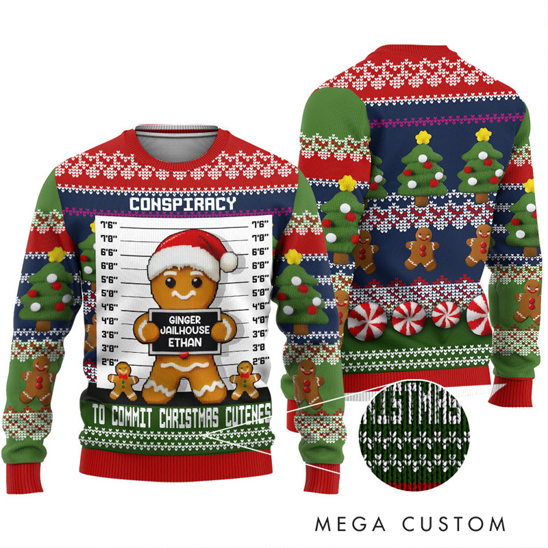 Personalized GInger Jailhouse Ugly Sweater with Text Family Ugly Christmas Sweater for Kids Dad Mom Adult with Name 