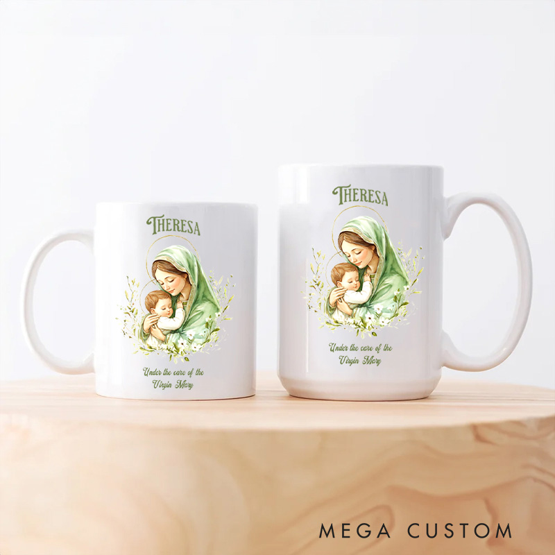 Personalized under the Care of Virgin Mary Ceramic Mug with Name Religious Gift Catholic Gift for Women Girls