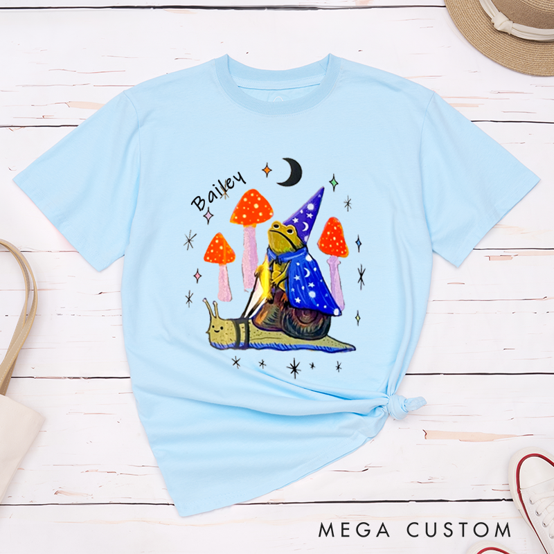 Personalized Wizard Frog Snail Ride Classic T-Shirts Custom Name Magic Fantasy Animal Gift for Nature Lovers Unisex Unique Printed Tee