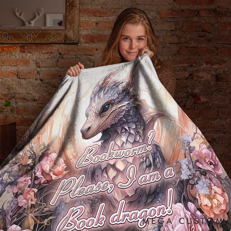 Floral Book Dragon Soft Throw Blanket with Name Birthday Gift for Bookworm Readers Dragon Lovers Fantasy Book Lovers Gift