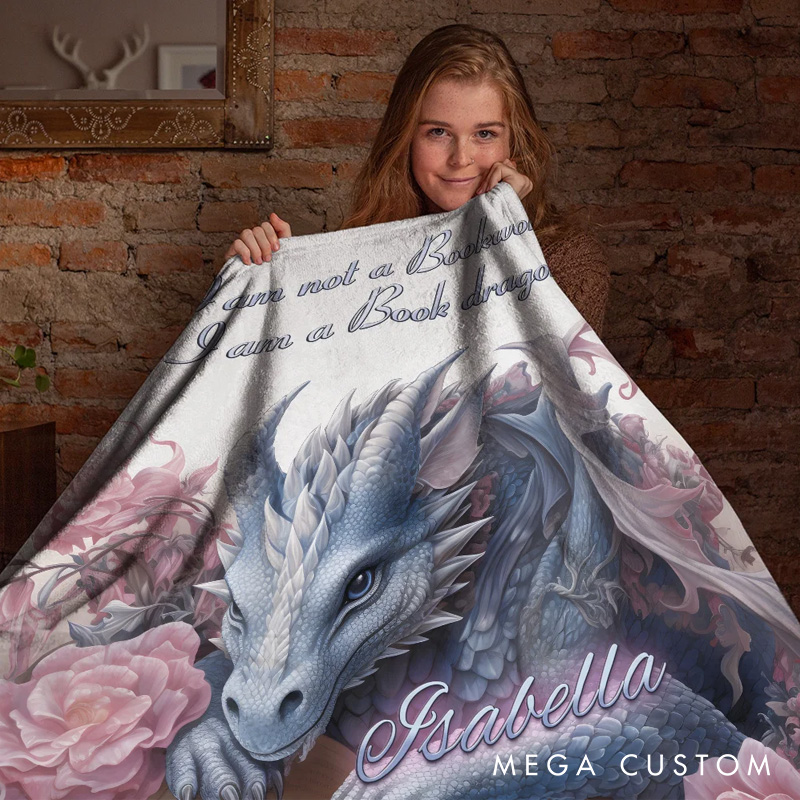 Personalized Book Dragon Soft Throw Blanket Floral Book Dragon Blanket with Name Home Decoration Birthday Gift for Bookworm Dragon Lovers Fantasy Book Lovers Gift