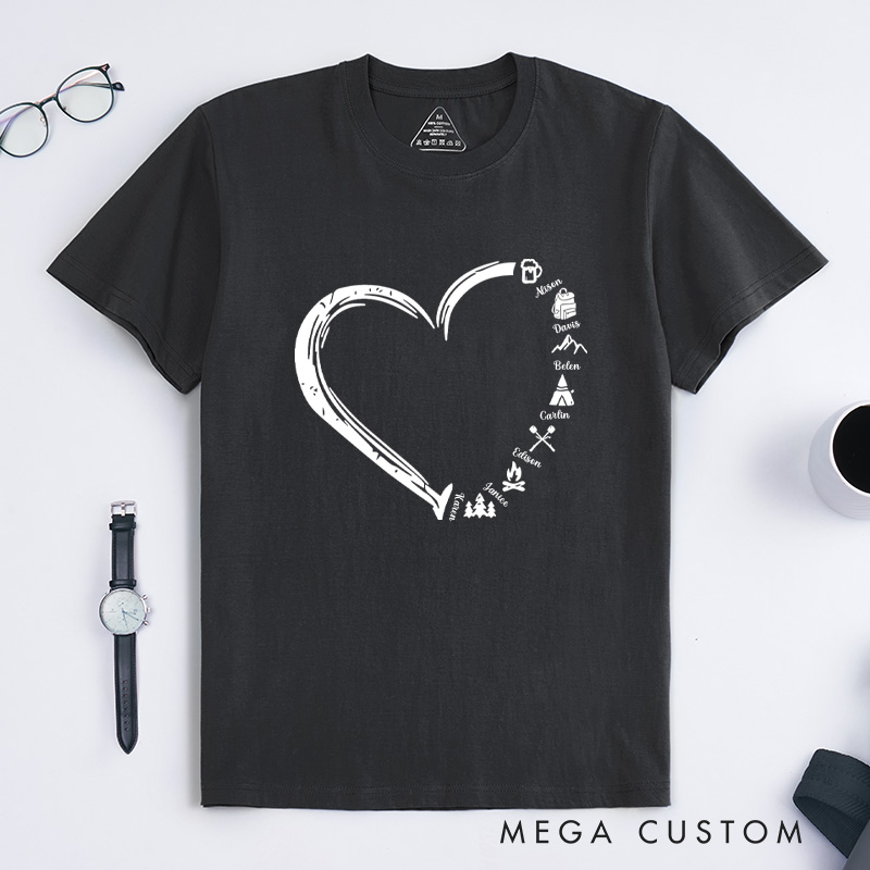  Personalized Cute Heart-shaped Camping Elements T-shirt with Name Gift for Camp Nature Lover