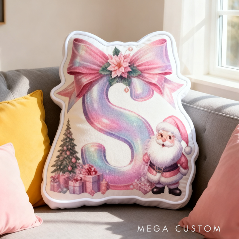 Personalized Cute Pink Santa Claus Initial Pillow Christmas Gift for Kids
