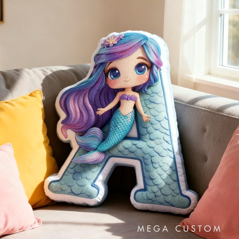 Personalized Cute Mermaid Initial Pillow Christmas Gift for Kids
