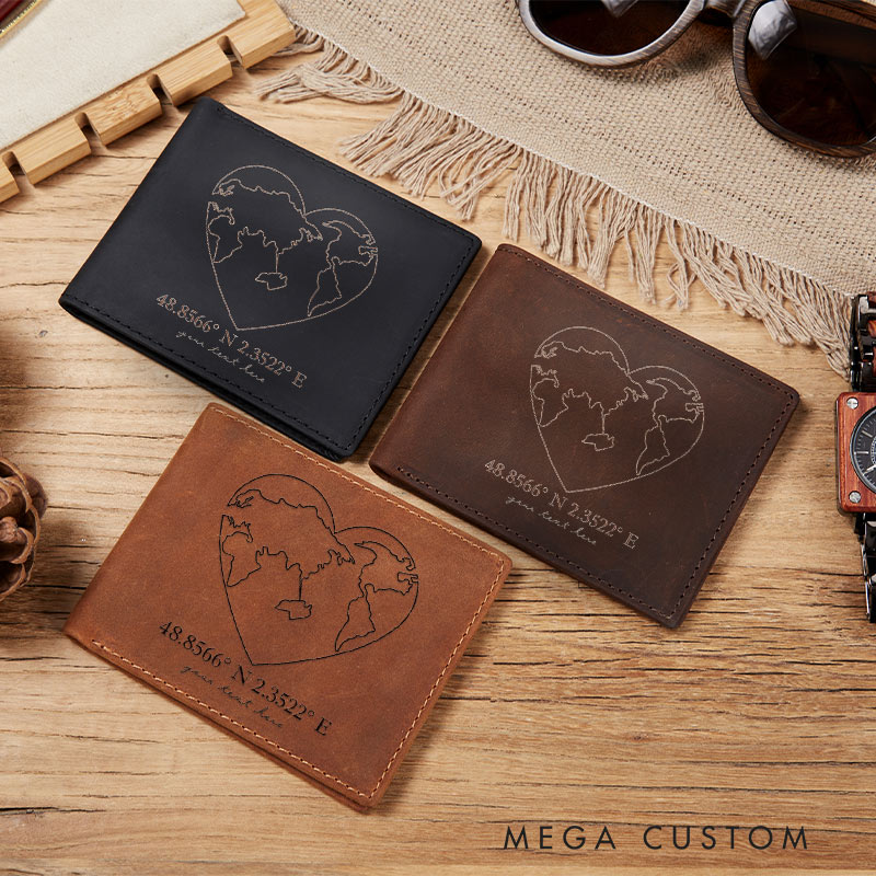 Personalized Crazy Horse Leather Wallet with Customized Latitude and Longitude for traveling lovers