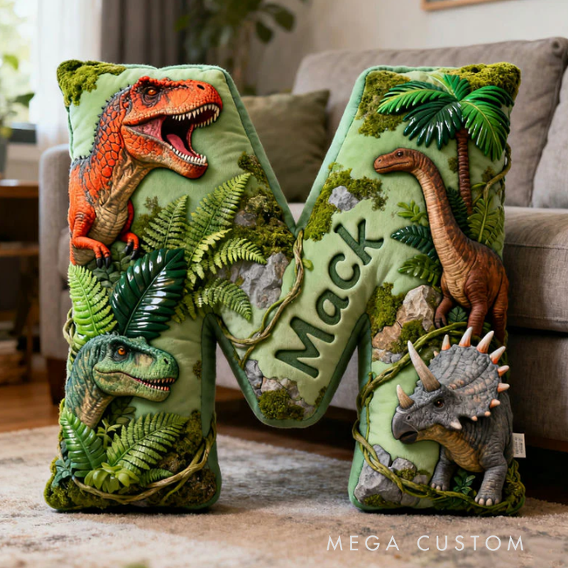 Personalized Dinosaur World Initial Pillow with Name Christmas Gift for Kids