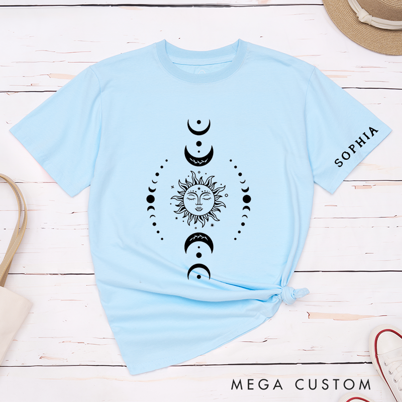 Personalized Sun and Moon Classic T-Shirts Unisex Astrology Custom Name Tee Spiritual Celestial Gift for Men Women Unique Horoscope Retro Top