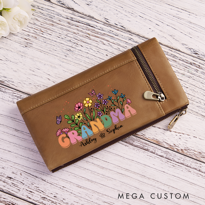 Personalized Birth Flower Women Wallet Leather Engraved Wallet Birth Flower Monogram Wallet Gift For Her Gift For Mother Birthday Gift