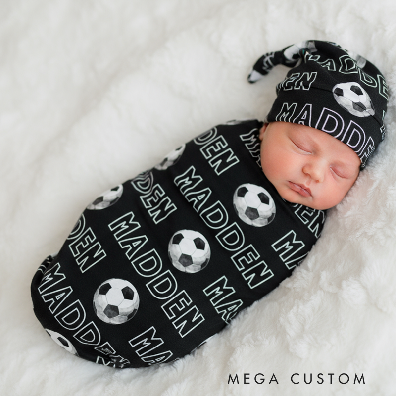 Personalized Soccer Baby Swaddle Blanket and Hat Set with Name Soft Fleece Sport Design Perfect Baby Shower or Newborn Gift
