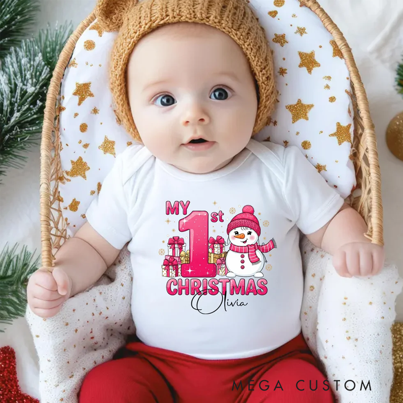 Personalized 1st Christmas Snowman 100% Cotton Baby Bodysuit with Name Christmas Gift for Baby New Parents