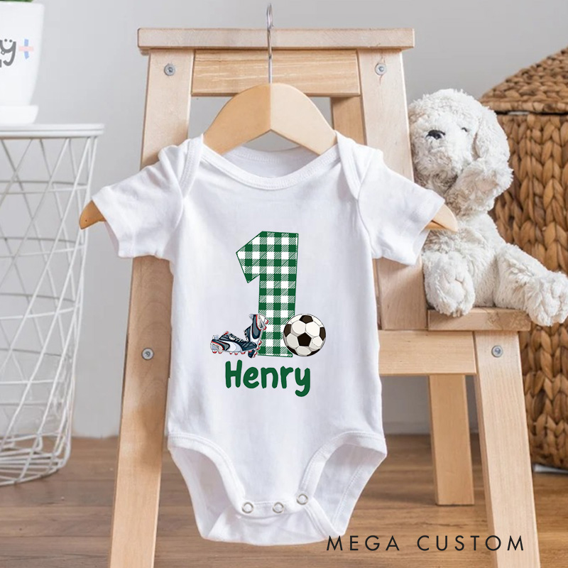 Personalized Soccer Baby Romper Custom Soccer Baby Bodysuit Baby Boy Soccer Outfit Game Day Baby Romper Sports Baby Gift