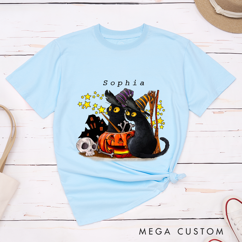 Personalized Halloween Black Cat T-Shirt Custom Witch Hat Pumpkin Skull Classic Unisex Gift Vintage Spooky Stars Broomstick Present for Cat Lovers