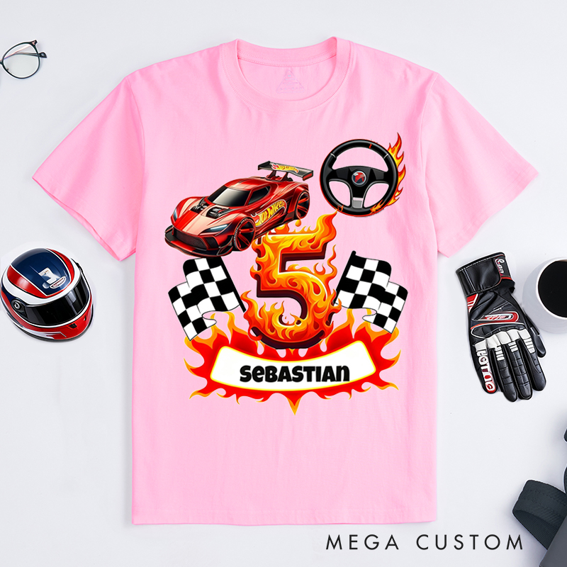 Personalized Racing T-Shirt Custom Name and Number Flame Car Checkered Flag Design for Racers and Racing Lovers