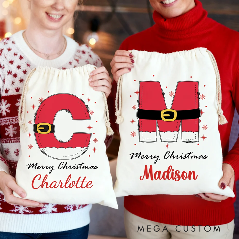 Personalized Snowflake Santa Claus Initial Drawstring Christmas Gift Bag with Name Merry Christmas Gift for Kids Family