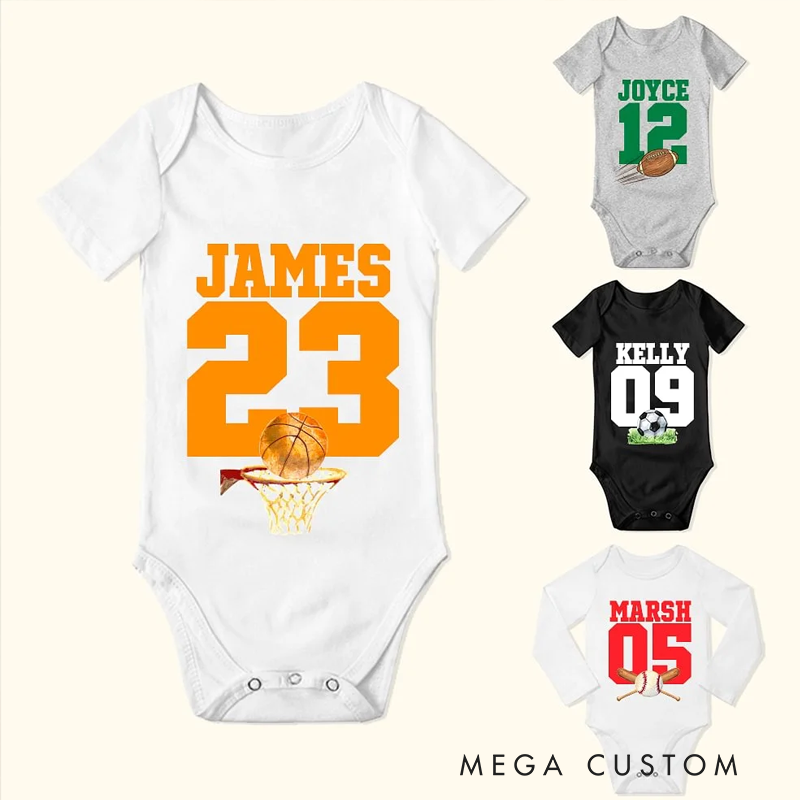 Personalized Football Basketball Sport Theme 100% Cotton Game Day Baby Bodysuit with Name and Number Birthday Baby Shower Gift for Newborns