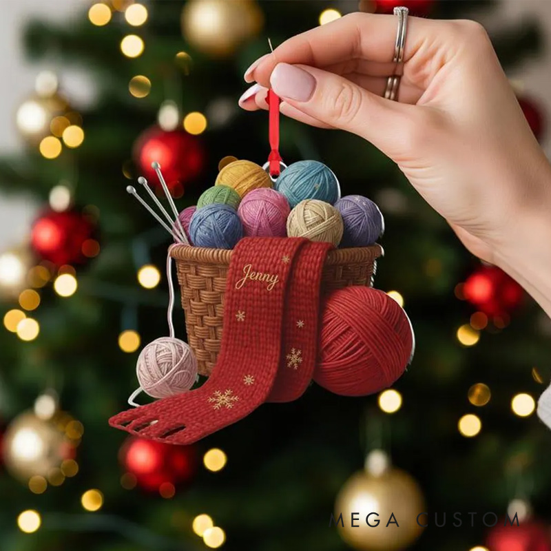 Personalized Yarn Basket Ornament with Custom Scarf Christmas Ornament Gift for Knitting Lovers